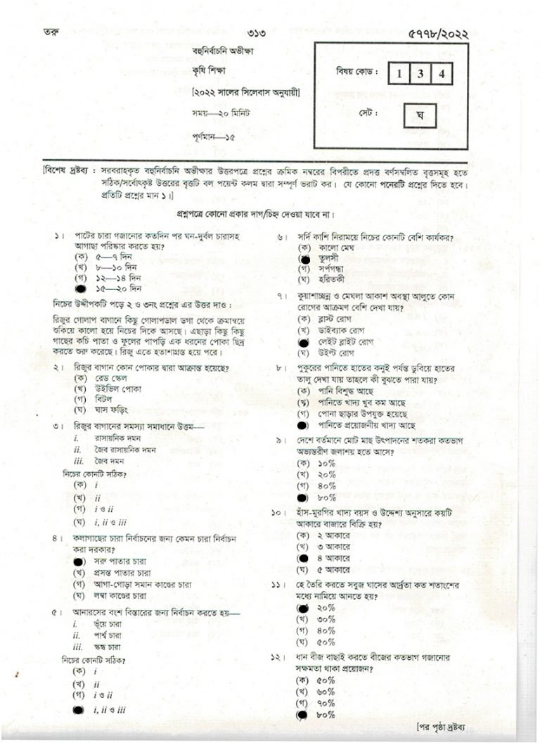 এসএসসি 2022 কৃষি শিক্ষা ঢাকা বোর্ড নৈবিত্তিক এর উত্তরমালা